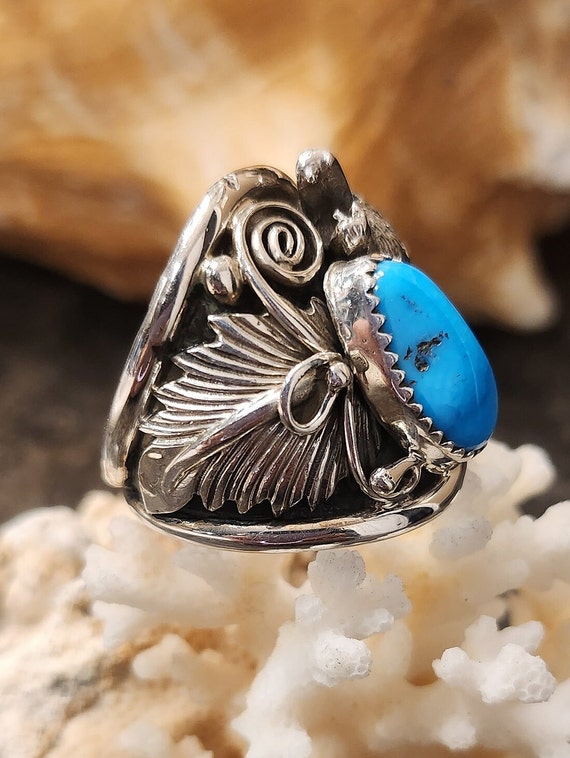 Navajo Sterling Silver Turquoise Wolf Ring with P… - image 2