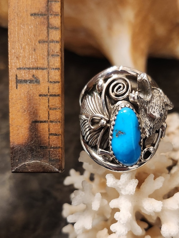 Navajo Sterling Silver Turquoise Wolf Ring with P… - image 8