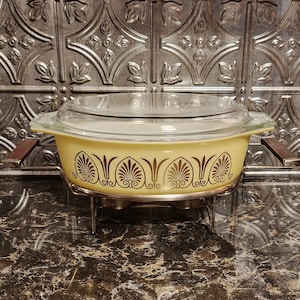 Rare Vintage Pyrex Golden Classic Promo Casserole with Decorative Lid and Double Candle Warmer