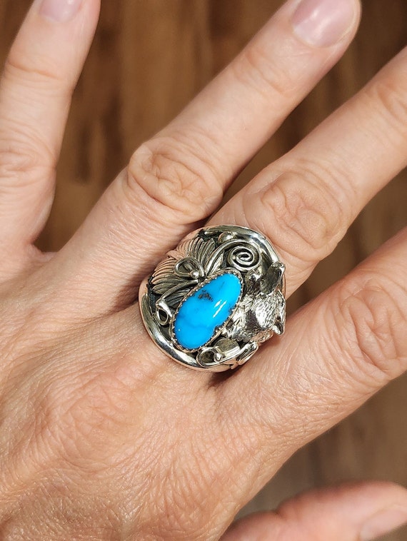 Navajo Sterling Silver Turquoise Wolf Ring with P… - image 6