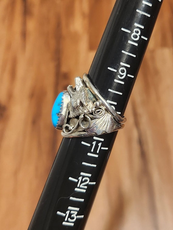Navajo Sterling Silver Turquoise Wolf Ring with P… - image 9