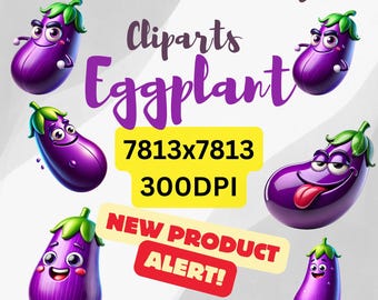 Funny Eggplant Illustrations Pack 10 PNGs 300 DPI Digital Scrapbooking and Crafts