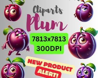 Sweet Plum Digital Art | Whimsical Cartoon-Style Fruit Images for Educational and Decor Use