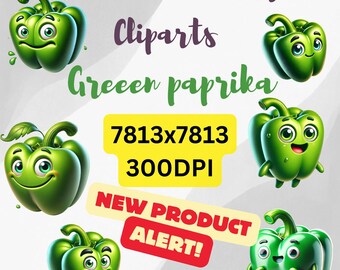 Green Paprika Clipart: 3D Cartoon Illustrations (Digital Download)