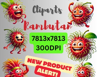 Conjunto estilo Pixar de rambután / 10 ilustraciones PNG de frutas peludas exóticas para descarga digital / 300 DPI /