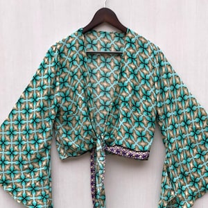 Bohemian Silk Crop Top: Bell Sleeves, Wrap Tie - Festival Beachwear