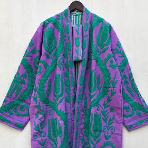 Embroidered Cotton Suzani Kimono Jacket: Long Winter Coat