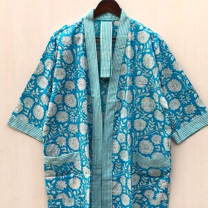 Bird Print Cotton Kimono Robe: Floral Indian Gown