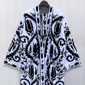 Embroidered Cotton Suzani Long Kimono Robe: Winter Coat