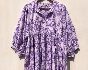 Katoenen gaasjurk met bloemenblokprint - midi-jurk met diepe hals