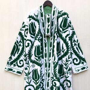 Suzani Embroidered Cotton Kimono Robe: Hand-Embroidered Long Jacket