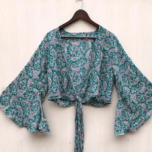 Vintage Silk Crop Top: Handmade Long Sleeve Wrap Blouse