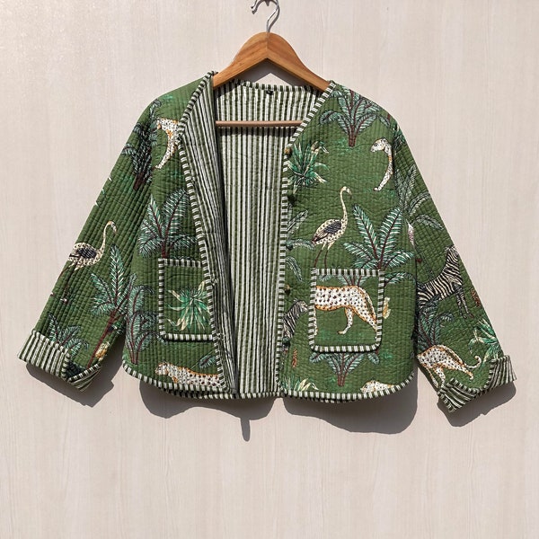 Jungle Quilted Jacket Hand Printed Boho Style Quilted Handmade Jackets, Coat Holidays Gifts Button Closer Jacket for Women Gift for her.