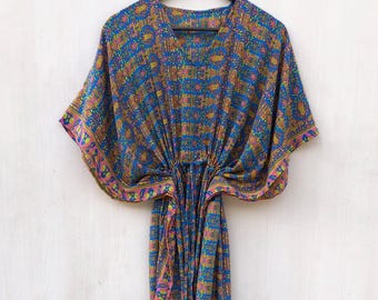Recycled Silk Kaftan Dress: Paisley Print Boho Maxi Robe (Plus Size)