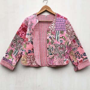 Handmade Cotton Quilted Jacket: Pink Patchwork Kimono