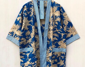 Floral Bird Print Cotton Kimono Robe, Boho Loungewear