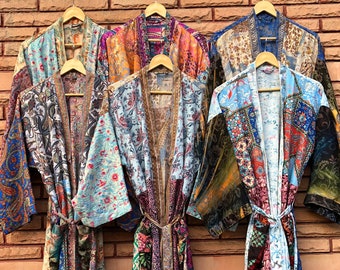 Wholesale Lot of 10 Vintage Silk Kimono Robes: Floral Indian Sari