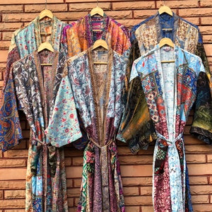 Wholesale Lot of 10 Vintage Silk Kimono Robes: Floral Indian Sari