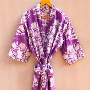 Block Print Cotton Kimono Robe: Floral Summer Dressing Gown