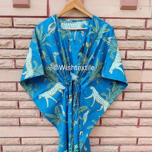 Cotton Kaftan Dress: Blue Animal Print Maxi Gown