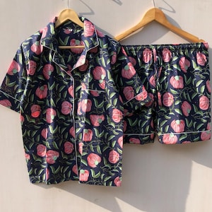 Hand Block Print short Pajamas, floral Print Pure Cotton Pj’s, Pajamas Set ,Indian Cotton,Night Wear, Soft Cotton Night Suit- Gift for her