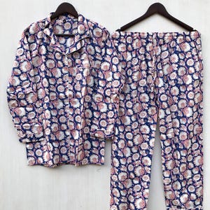 Handmade Floral Print Pajamas, Pure Cotton Pj&#39;s, Pajamas Set ,Indian Cotton,Night Wear, Soft Cotton Night Suit- Gift for her