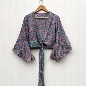 Vintage Silk Crop Top: Handmade Bell Sleeve Tie Front Blouse