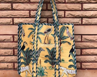 Handmade Quilted Tote Shopping Bag, Tiger Print Cotton Market Bag, Jhola Bag, Hippie Bag, Market Bag Gift For Her.