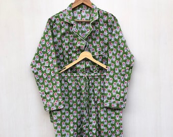 Green Floral Cotton Pajama Set: Handmade Indian Nightwear