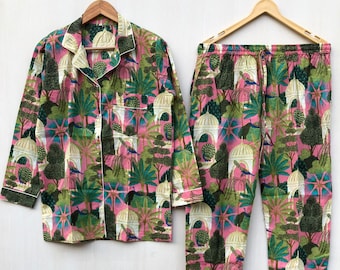 Floral Print Cotton Pajama Set: Indian Night Suit