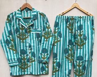 Handmade Cotton Pajama Set: Striped Floral Print Night Suit
