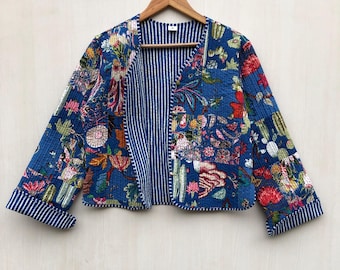 Blue Patchwork Quilted Cotton Jacket: Handmade Vintage Kimono