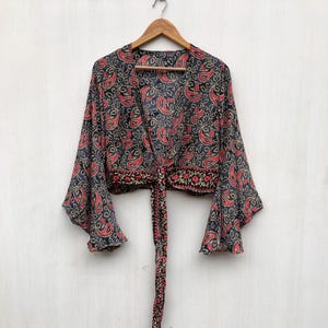 Silk Crop Top: Bohemian Bell Sleeves, Tie Front Wrap