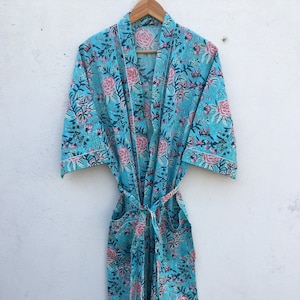 Hand-Printed Cotton Kimono Robe: Boho Floral Lightweight Dressing Gown