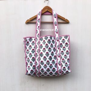 Handmade Quilted Cotton Tote Bag: Floral Print Ethnic Market Bag