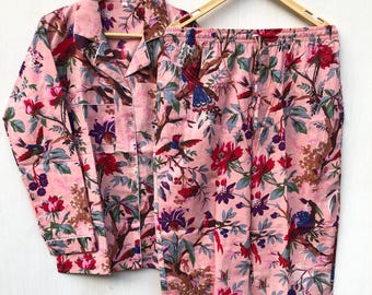 Bird Print Cotton Pajama Set: Indian Jaipur Night Suit