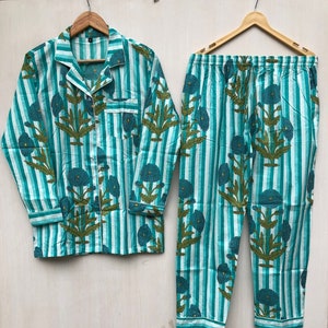 Handmade Cotton Pajama Set: Striped Floral Print Night Suit