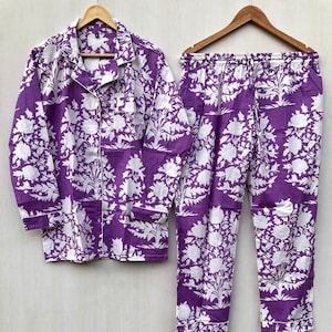 Beautiful Floral Hand Block Print Women Nightwear Pajama Set, Cotton PJ Set, Loungewear, Matching Pajama, Bridesmaid Pajama, Gift For Her.