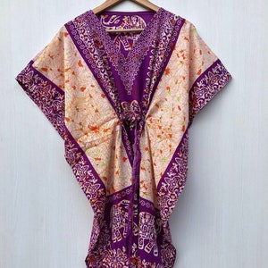 Floral Art Silk Kaftan Nighty: Short Kimono Robe, Beach Cover Up