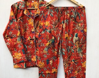 Bird Print Cotton Pajamas Set: Handmade Indian Night Suit