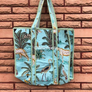 Handmade Quilted Cotton Tote Bag: Tiger Print Ethnic Market Bag
