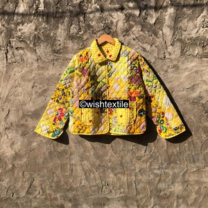 Handcrafted Vintage Kantha Yellow Patchwork Quilted Short Jacket – Reversible Boho Floral Cotton Kimono-Style for Women, Unique Gift for Her