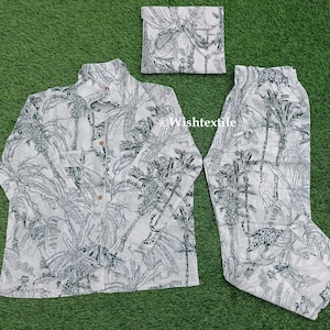 Palm Tree Print Cotton Pajamas Set: Indian Night Wear