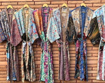 Wholesale Lot of 20 Vintage Silk Kimono Robes: Floral Indian Sari Gowns