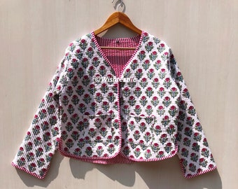 Block Printed Cotton Quilted Jacket: Boho Handmade Women's Coat