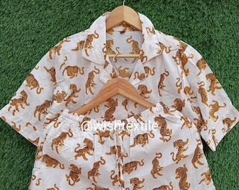 Tiger Print Cotton Pajama Set: Short Sleeve Indian PJs