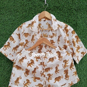 Tiger Print Cotton Pajama Set: Short Sleeve Indian PJs