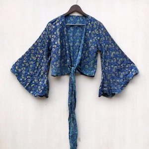 Vintage Silk Crop Top: Handmade Wrap Blouse, Tie Front