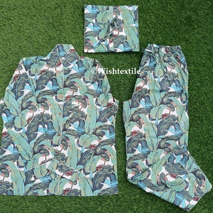 Banana Leaf Print Cotton Pajama Set: Indian Nightwear