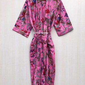 Bird Print Cotton Kimono Robe: Floral Indian Gown